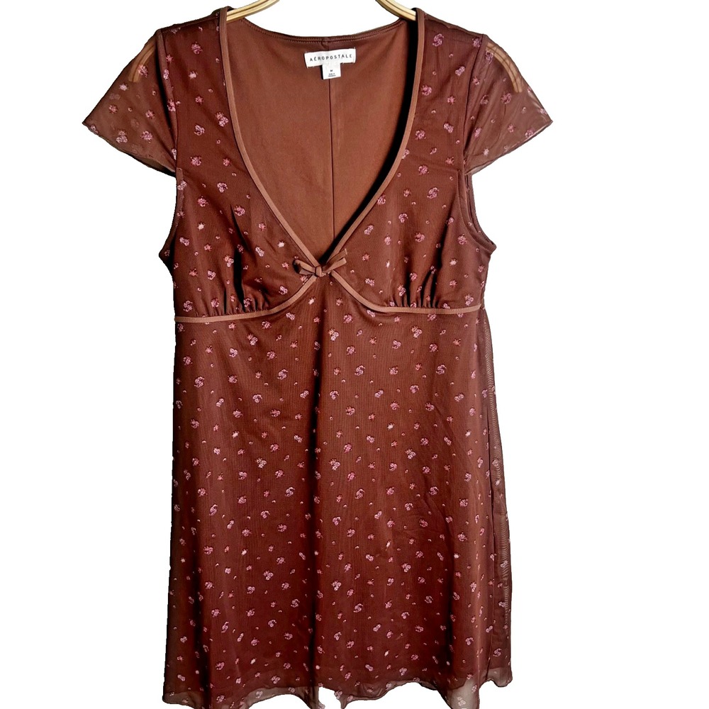 Aeropostale Brown Baby Doll Y2K Ditzy Floral Short‎ Sleeve Dress Sz M 90s
